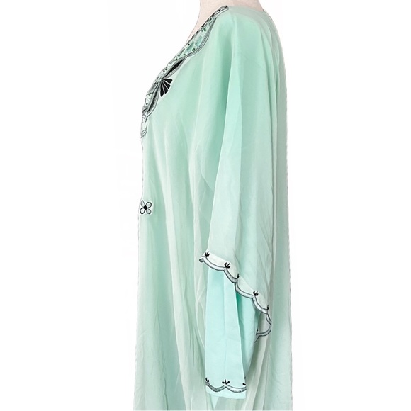 MINT Green Long Sleeve Handmade Embroidered Caftan Maxi Dress with Beading OS - Picture 6 of 11